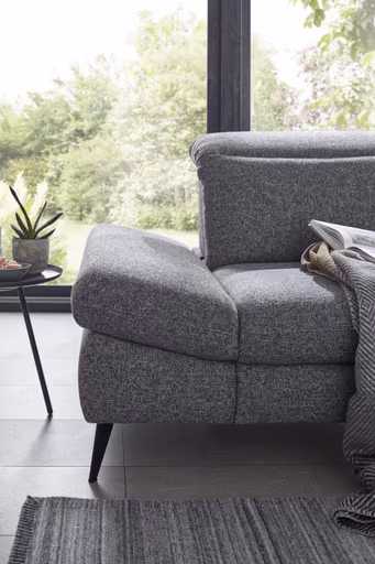 Ecksofa Alegria - 2,5-Sitzer mit Ecke rechts inkl. Schlaffunktion und Kopfteil/ Armteil/ Sitztiefe verstellbar, Stoff, Graublau