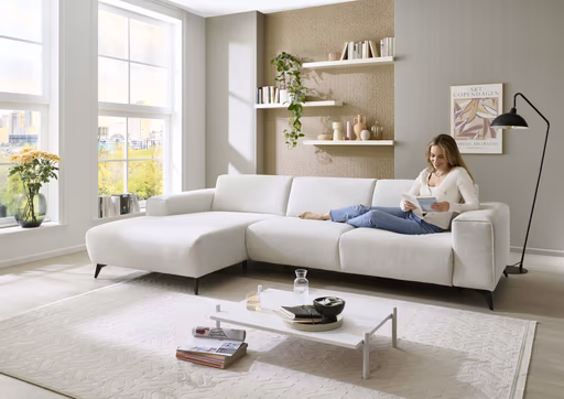 Ecksofa - Longchair links mit 3-Sitzer, Stoff, Natur