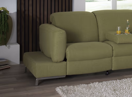Ecksofa - 3,5-Sitzer mit Ecke rechts, Kopfteil/Armlehne verstellbar, Relaxfunktion motorisch, Stoff, Olive