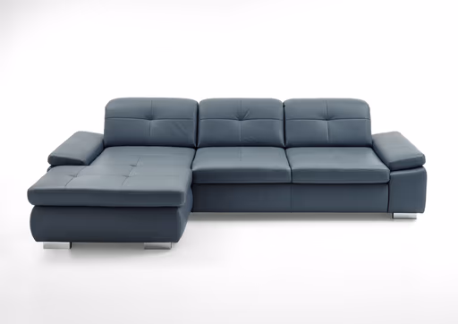 Ecksofa - Longchair links mit 3-Sitzer inkl. Sitztiefenverstellung, Leder, Graublau