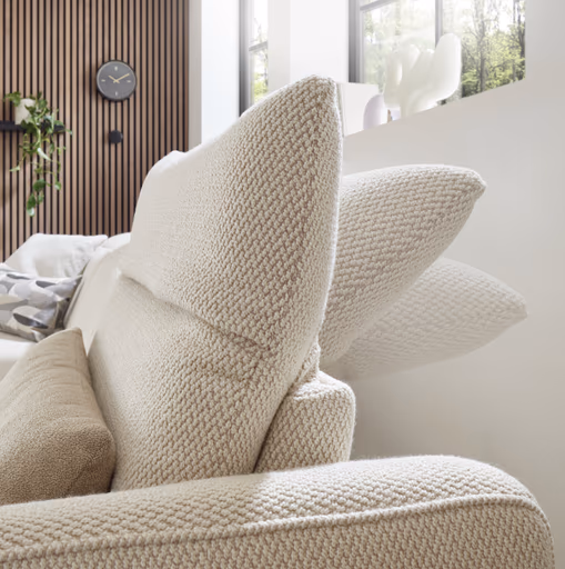 Ecksofa EM Miramar - Longchair links mit 3-Sitzer, Kopfteil/Sitztiefe verstellbar, Stoff, beige