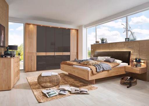 Drehtürenschrank -  B. ca. 300 cm, Erle Teilmassiv, Querriegel Massiv, Glastüren Mocca