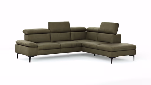 Ecksofa Felipa - 2,5-Sitzer mit Ecke rechts inkl. Kopfteil verstellbar, Leder, Olive