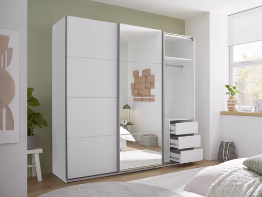 Schwebetürenschrank- B ca. 215 cm, Weiß, Spiegel