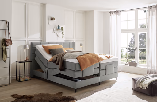 Boxspringbett EM Mirano - mit Motor, Matratze, Topper, Liegefläche ca. 180x200 cm, Stoff, Grau