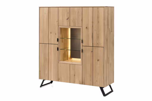 Highboard - mit Beleuchtung, Wildeiche Bianco Massiv, Steinrückwand