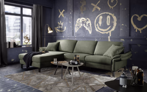 Ecksofa CALM PREMIUM 2.0 - Longchair links mit 3-Sitzer, Relaxfunktion motorisch, Armlehne verstellbar, Stoff, Dunkelgrün