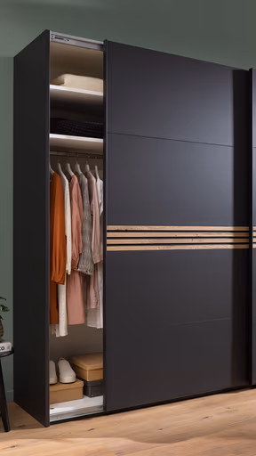 Schwebetürenschrank Viana - BHT ca. 300x230x68 cm, inkl. Passepartout und Beleuchtung, Anthrazit