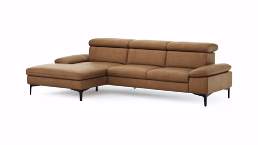 Ecksofa Felipa - Longchair links mit 2,5-Sitzer inkl. Kopfteil verstellbar, Leder, Cognac