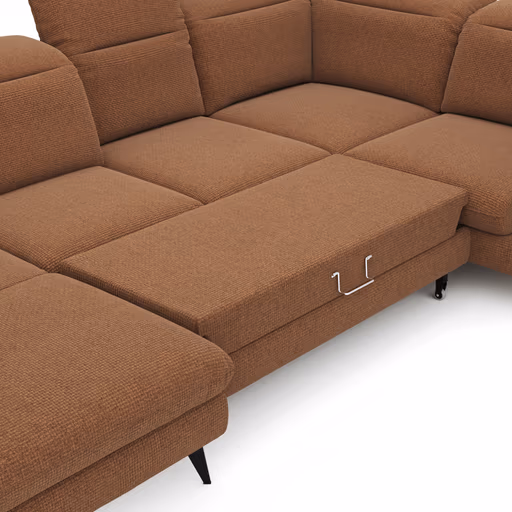 Wohnlandschaft Alegria - Longchair links mit 2,5-Sitzer und Ecke rechts inkl. Schlaffunktion und Kopfteil/ Sitztiefe verstellbar, Stoff, Kurkuma