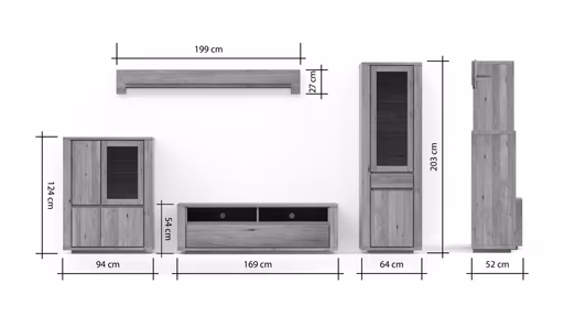 Wohnwand Bakersfield - sichtbare Rückwand und Schubladen geschroppt, Asteiche massiv, geölt