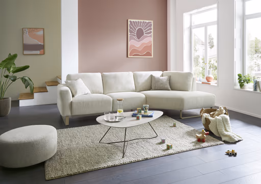 Ecksofa Leona - 2,5-Sitzer mit Ecke rechts inkl. Relaxfunktion motorisch, Stoff, Creme 