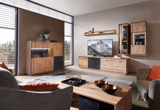 Wohnwand - mit Beleuchtung, Alteiche Furnier, Akzent Spalteiche Carbongrau