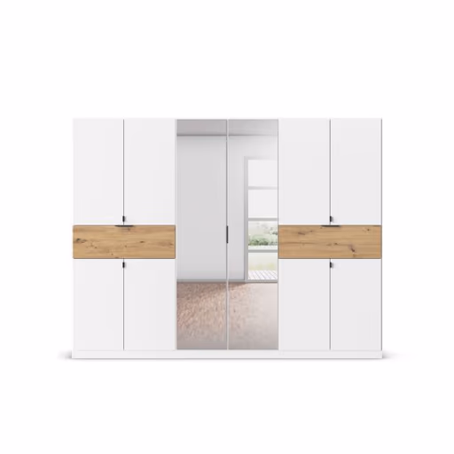 Drehtürenschrank- B ca. 271 cm, Weiß, Eiche Dekor, Spiegel