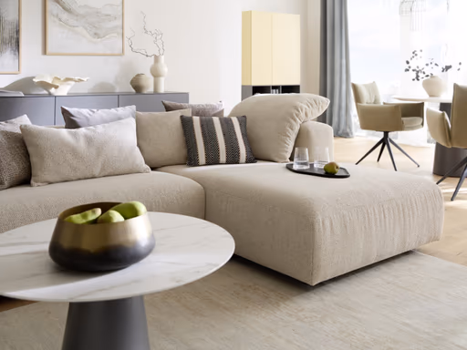 Ecksofa Caruso - Ecke links, 2-Sitzer, Longchair rechts, inklusive Kissen, Stoff, Ecru