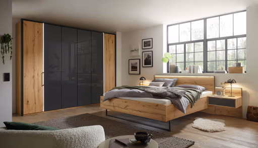 Drehtürenschrank - B. ca. 306,4 cm, inkl. Beleuchtung, Kernholzfurnier, Glas, Graphit