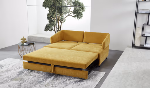 Sofa - 2-Sitzer mit Schlaffunktion, Sitztiefe verstellbar, Stoff, Gelb
