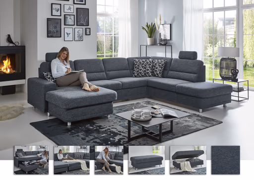 Wohnlandschaft - Longchair links mit 2,5-Sitzer und Ecke rechts, Stoff Dunkelblau