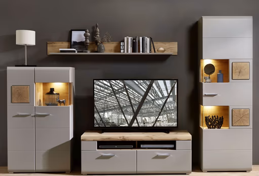 Wohnwand - mit Beleuchtung, Grau