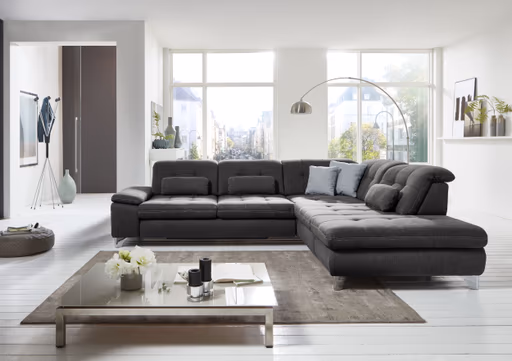 Ecksofa - 3-Sitzer mit Ecke rechts, Sitztiefe verstellbar, Stoff, Schwarz