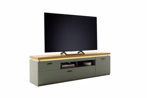 Wohnwand - mit Beleuchtung, Salbeigrün, Eiche Evoke Nachbildung