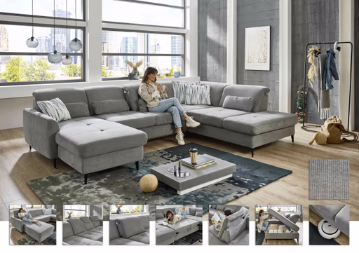 Wohnlandschaft - Longchair links mit 2,5-Sitzer und Ecke rechts, Sitztiefe verstellbar, Stoff, Grau