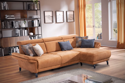 Ecksofa - 2-Sitzer mit Longchair rechts, Sitztiefe verstellbar, Stoff, Tabakbraun