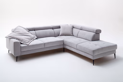 Ecksofa - 2-Sitzer mit Ecke rechts, Kopfteil verstellbar, Stoff, Silbergrau