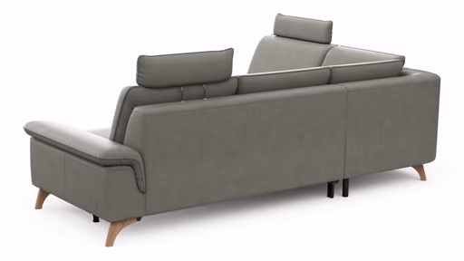 Ecksofa Tulsa KS - 1,5-Sitzer mit Anstellhocker aufklappbar links, Spitzecke und 2,5-Sitzer rechts, inkl. Kopfstütze, AL verstellbar und Schlaffunktion, Leder, Graubeige