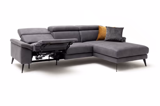 Ecksofa Anna - 2,5-Sitzer mit Longchair rechts inkl. Relaxfunktion (motorisch), Kopfteil verstellbar, Stoff, Stahl