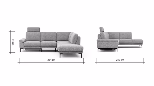 Ecksofa Matero - 2-Sitzer mit Ecke rechts inkl. Relaxfunktion motorisch und Sitzvorzug, Stoff, Graubeige