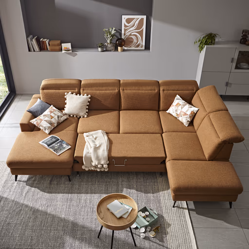 Wohnlandschaft Alegria - Longchair links mit 2,5-Sitzer und Ecke rechts inkl. Schlaffunktion und Kopfteil/ Sitztiefe verstellbar, Stoff, Kurkuma