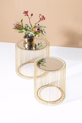 Beistelltisch- 2-er Set, Messing, Pulverbeschichtet, Goldfarben, Glas