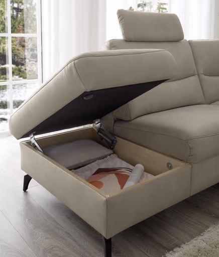 Ecksofa EM Amarante - mit Kopfstützen, Nackenkissen, Ecke links mit 3-Sitzer, Leder, beige