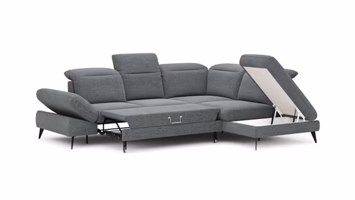 Ecksofa Alegria - 2,5-Sitzer mit Ecke rechts inkl. Schlaffunktion und Kopfteil/ Armteil/ Sitztiefe verstellbar, Stoff, Graublau