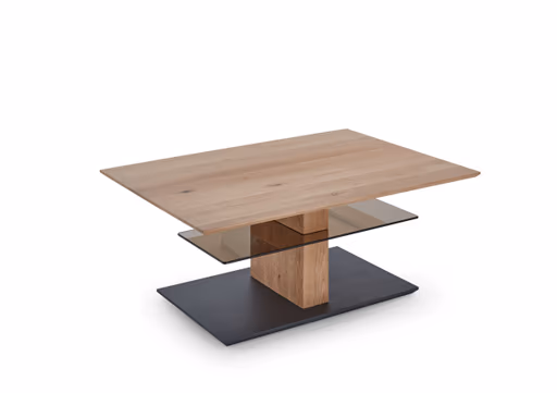 Couchtisch - höhenverstellbar LBH110x80x47(62) cm, Kerneiche Umato massiv, Glas, Bronze