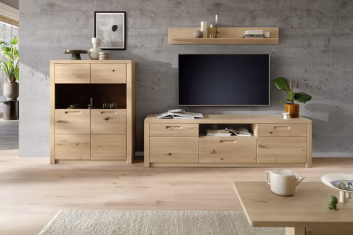 TV-Lowboard - B ca. 202 cm, Eiche Nachbildung, Eiche massiv geölt