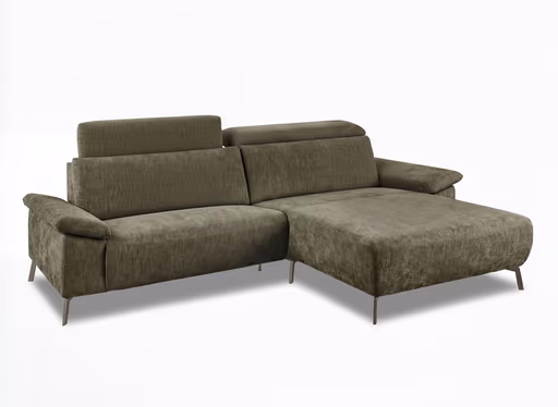 Ecksofa - 1,5-Sitzer mit Longchair rechts, Kopfteil verstellbar, Stoff, Olivgrün
