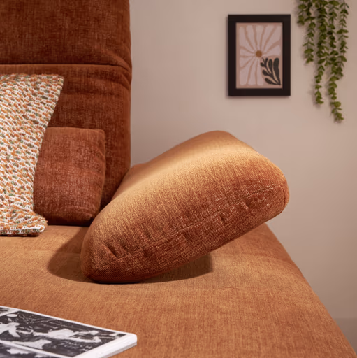 Ecksofa EM Setupal - 2,5-Sitzer mit Longchair rechts, Kopfteil/Armlehne/Rücken verstellbar, Stoff, Rost