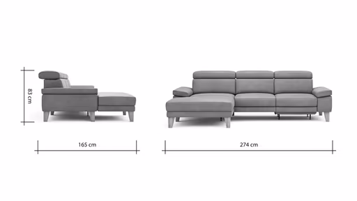 Ecksofa Hudson - Longchair links mit 2,5-Sitzer, inkl. Kopfteil/Armlehne verstellbar und Relaxfunktion (motorisch), Stoff, Steingrau