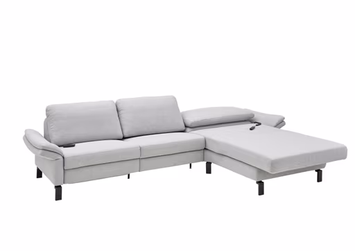 Ecksofa - 3-Sitzer mit Longchair rechts, Relaxfunktion motorisch, Stoff, Hellgrau