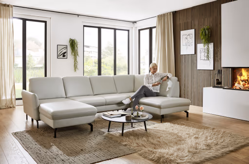 Wohnlandschaft - Longchair links mit 2,5-Sitzer und Ecke rechts, Leder, Silbergrau