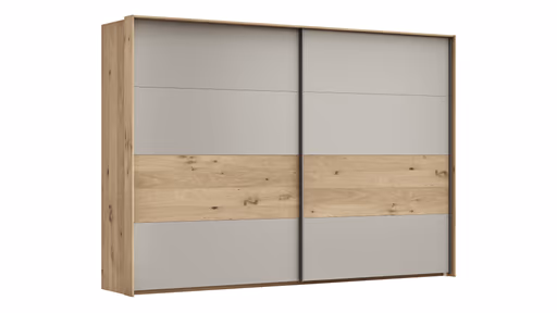 Schwebetürenschrank Viana - B ca. 308 cm, Furnier, Balkeneiche, Hellgrau