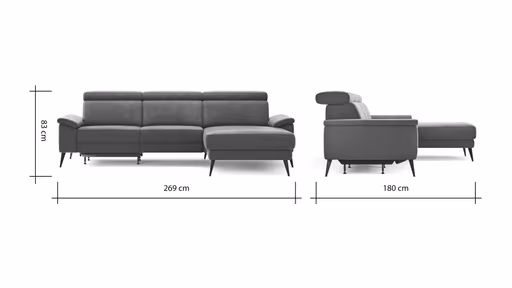 Ecksofa Anna - 2,5-Sitzer mit Longchair rechts inkl. Relaxfunktion (motorisch), Kopfteil verstellbar, Stoff, Stahl
