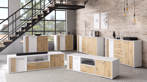 TV-Board FLORISS- Weiß, Eiche Dekor