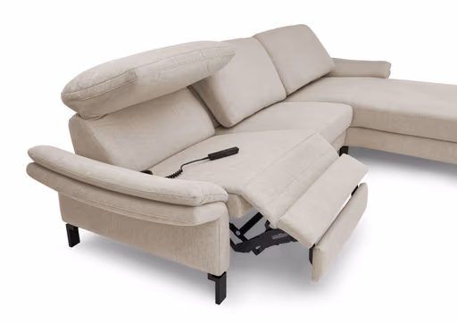 Ecksofa CALM PREMIUM 2.0 - Longchair links mit 3-Sitzer, Relaxfunktion motorisch, Armlehne verstellbar, Stoff, Sand