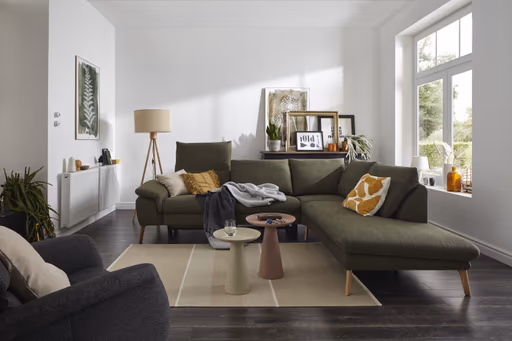 Ecksofa Gotera - 1,5-Sitzer med. + 1,5-Sitzer med. links mit Ecke und Abschlussteil rechts inkl. Rückenlehne verstellbar, Stoff, Olivgrün