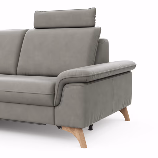 Ecksofa Tulsa KS - 1,5-Sitzer mit Anstellhocker aufklappbar links, Spitzecke und 2,5-Sitzer rechts, inkl. Kopfstütze, AL verstellbar und Schlaffunktion, Leder, Graubeige
