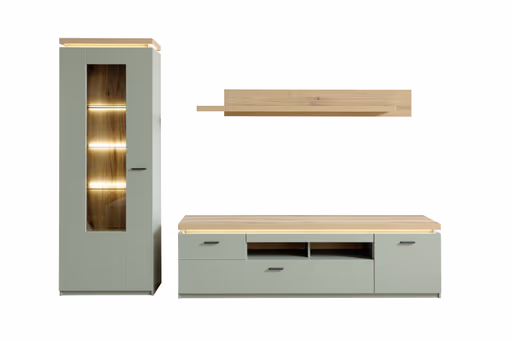 TV-Lowboard - mit Beleuchtung, B ca. 195 cm, Salbeigrün, Eiche Evoke Nachbildung
