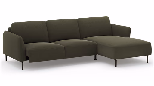 Ecksofa Leona - 3-Sitzer mit Longchair rechts inkl. Sitzvorzug motorisch, Stoff, Braungrün